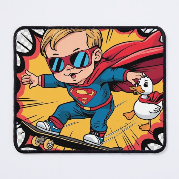 Item preview, Superhero Baby Flying on Skateboard with Golden Retriever & Hero Duck – Funny Comic T-Shirt Design designed and sold by Mitaudesign.