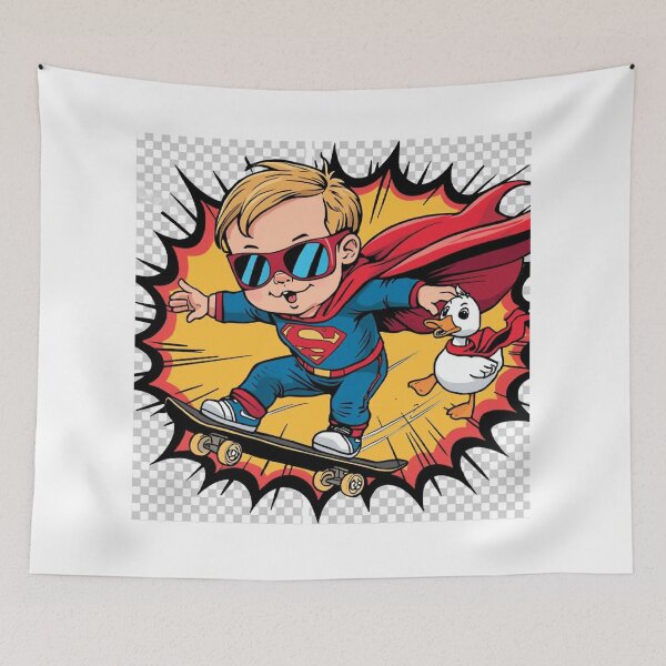 Item preview, Superhero Baby Flying on Skateboard with Golden Retriever & Hero Duck – Funny Comic T-Shirt Design designed and sold by Mitaudesign.