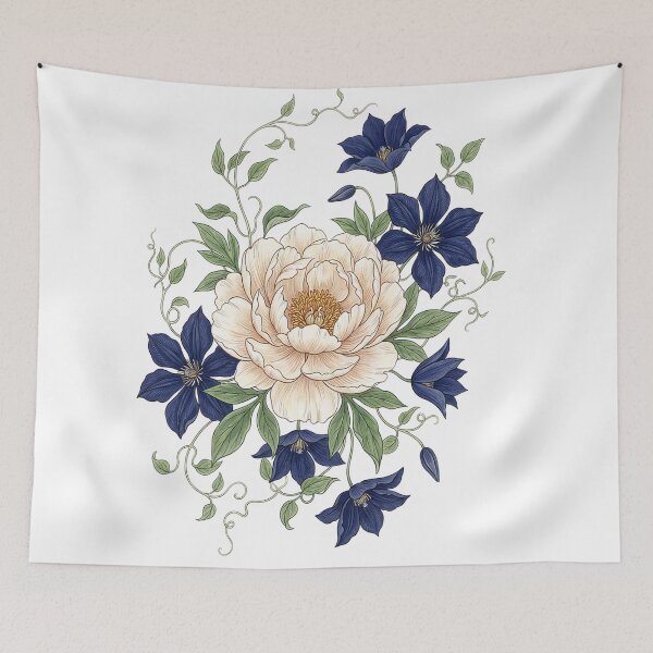 Item preview, Apricot blossom with dark blue flowers designed and sold by Herzbaumatelier.