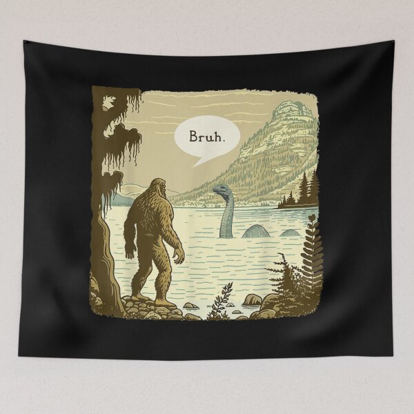 Item preview, Funny Bigfoot And Loch Ness Monster Bruh Mythical Creatures Retro Art designed and sold by stellarofsea.