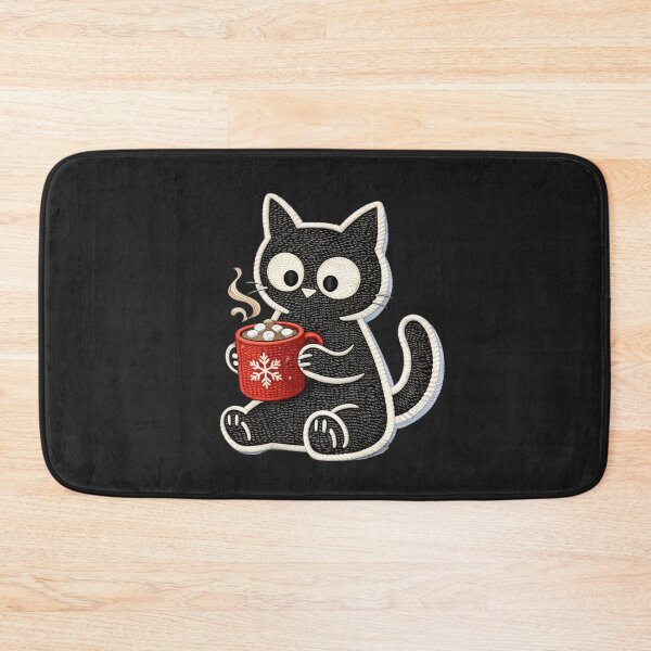Item preview, Minimal Black Cat Drinking Hot Cocoa – Cute Embroidered Winter Cat Cozy Christmas Design designed and sold by ColorSplash123.