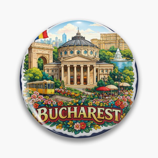 Item preview, Bucharest Travel Sticker – Romanian Athenaeum & Arcul de Triumf Illustration designed and sold by Alice Cristalis.