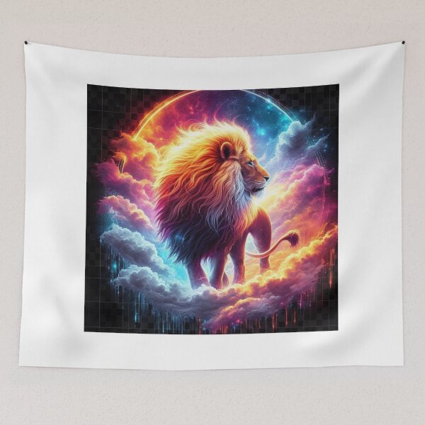 Item preview, Glowing Lion with Radiant Mane in Cloud Landscape – Fantasy T-Shirt Design designed and sold by Mitaudesign.