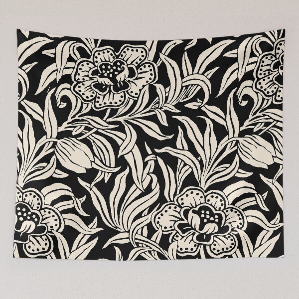 Item preview, Art Nouveau Vintage Floral Botanical Woodblock Flower Pattern in Black and Almond Cream designed and sold by kierkegaard.