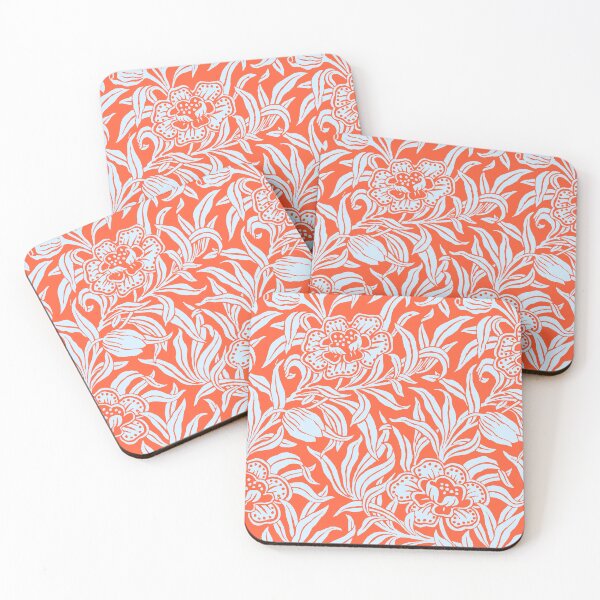 Item preview, Art Nouveau Vintage Floral Botanical Woodblock Flower Pattern in Ice Blue and Persimmon Orange designed and sold by kierkegaard.