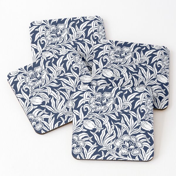Item preview, Art Nouveau Vintage Floral Botanical Woodblock Flower Pattern in Navy Blue and White designed and sold by kierkegaard.