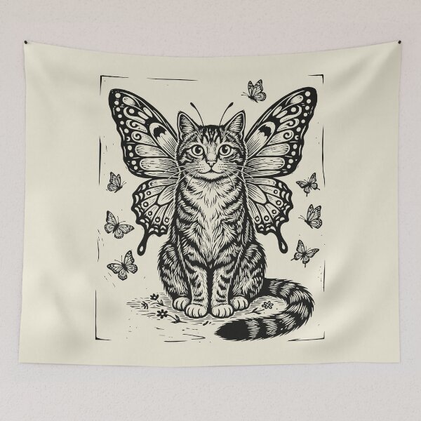 Item preview, Butterfly Cat Lino Style Vintage Feline Fairycore designed and sold by Y-Vibes.