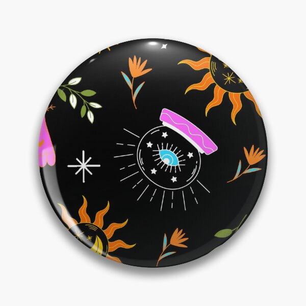 Item preview, A dark celestial pattern featuring suns, moons, crystals, mystical jars, plants, and magical elements on a black background. designed and sold by MarcelaIkegami.