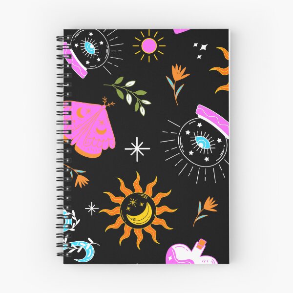 Item preview, A dark celestial pattern featuring suns, moons, crystals, mystical jars, plants, and magical elements on a black background. designed and sold by MarcelaIkegami.