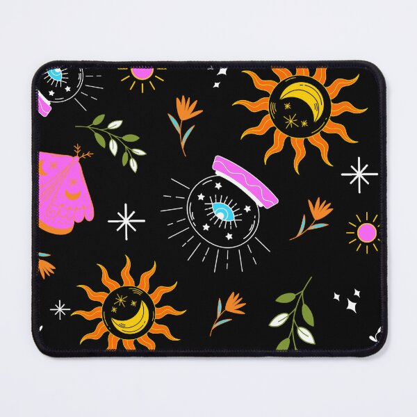 Item preview, A dark celestial pattern featuring suns, moons, crystals, mystical jars, plants, and magical elements on a black background. designed and sold by MarcelaIkegami.