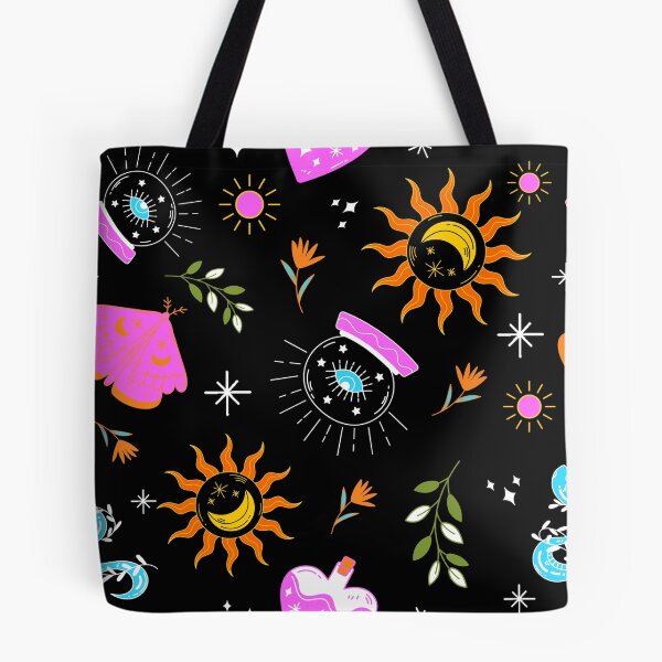 Item preview, A dark celestial pattern featuring suns, moons, crystals, mystical jars, plants, and magical elements on a black background. designed and sold by MarcelaIkegami.