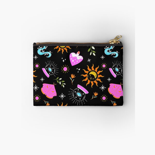 Item preview, A dark celestial pattern featuring suns, moons, crystals, mystical jars, plants, and magical elements on a black background. designed and sold by MarcelaIkegami.