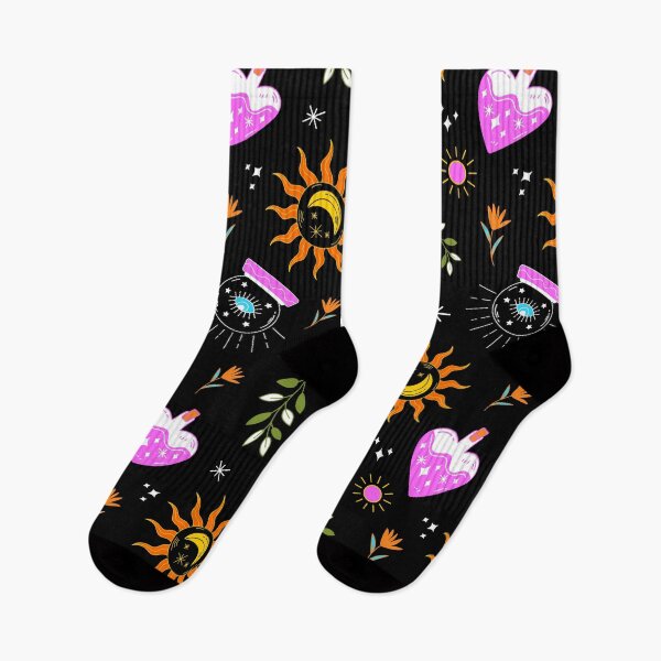 Item preview, A dark celestial pattern featuring suns, moons, crystals, mystical jars, plants, and magical elements on a black background. designed and sold by MarcelaIkegami.