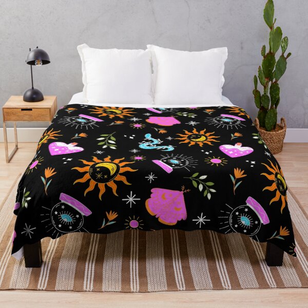 Item preview, A dark celestial pattern featuring suns, moons, crystals, mystical jars, plants, and magical elements on a black background. designed and sold by MarcelaIkegami.