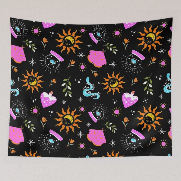 Item preview, A dark celestial pattern featuring suns, moons, crystals, mystical jars, plants, and magical elements on a black background. designed and sold by MarcelaIkegami.