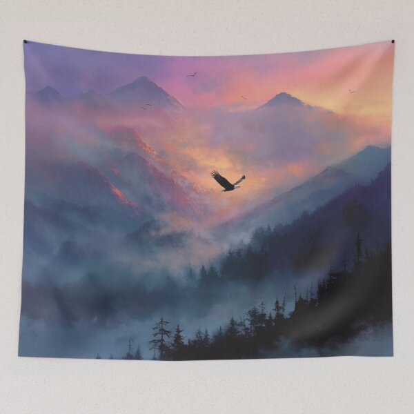 Item preview, A Bald Eagle soaring above misty mountains at sunrise, Birds in Motion designed and sold by CDC40.