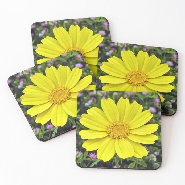 Item preview, Bright Yellow Daisy Bloom Close-Up With Green Foliage And Purple Wildflowers Background designed and sold by Nmallia.