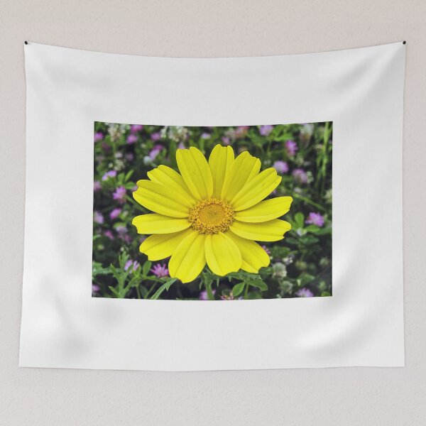 Item preview, Bright Yellow Daisy Bloom Close-Up With Green Foliage And Purple Wildflowers Background designed and sold by Nmallia.