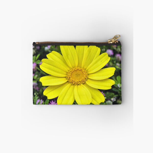Item preview, Bright Yellow Daisy Bloom Close-Up With Green Foliage And Purple Wildflowers Background designed and sold by Nmallia.