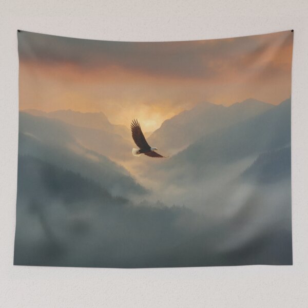 Item preview, A Bald Eagle soaring above misty mountains at sunrise, Birds in Motion designed and sold by CDC40.