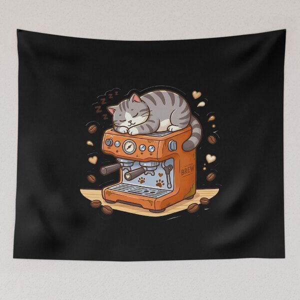 Item preview, Espresso Nap - Cute Tabby Cat Sleeping on Vintage Coffee Machine designed and sold by AbulailArt.