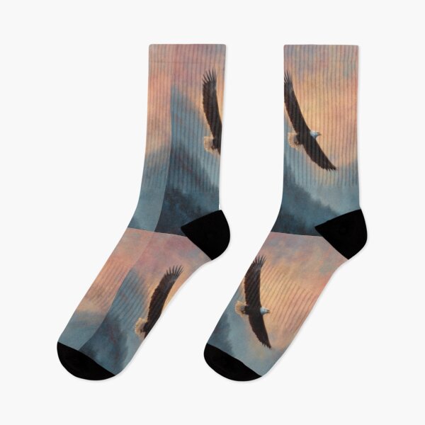 Item preview, A Bald Eagle soaring above misty mountains at sunrise, Birds in Motion designed and sold by CDC40.
