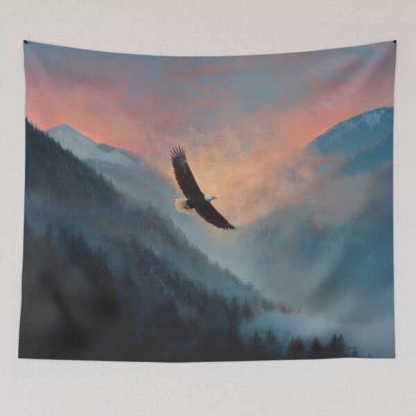 Item preview, A Bald Eagle soaring above misty mountains at sunrise, Birds in Motion designed and sold by CDC40.