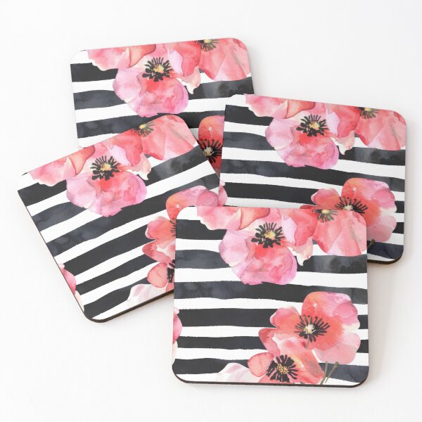 Item preview, Black and White Stripes and Poppies designed and sold by EllieHeartCo.
