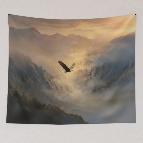 Item preview, A Bald Eagle soaring above misty mountains at sunrise, Birds in Motion designed and sold by CDC40.