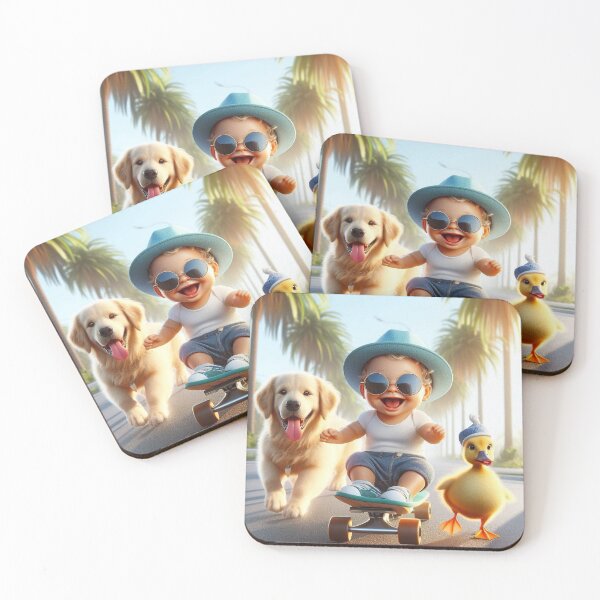 Item preview, Baby Skateboard Adventure with Golden Retriever & Duckling – Funny T-Shirt Design designed and sold by Mitaudesign.
