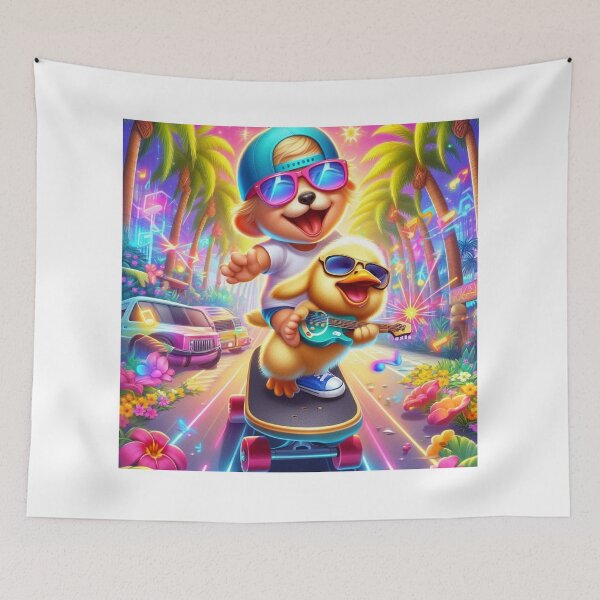 Item preview, Baby Skateboard Party with Guitar Dog & DJ Duck – Funny Cartoon T-Shirt Design designed and sold by Mitaudesign.