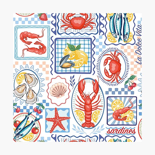 Item preview, Sardines, lobster, crab seafood pattern designed and sold by anyuka.