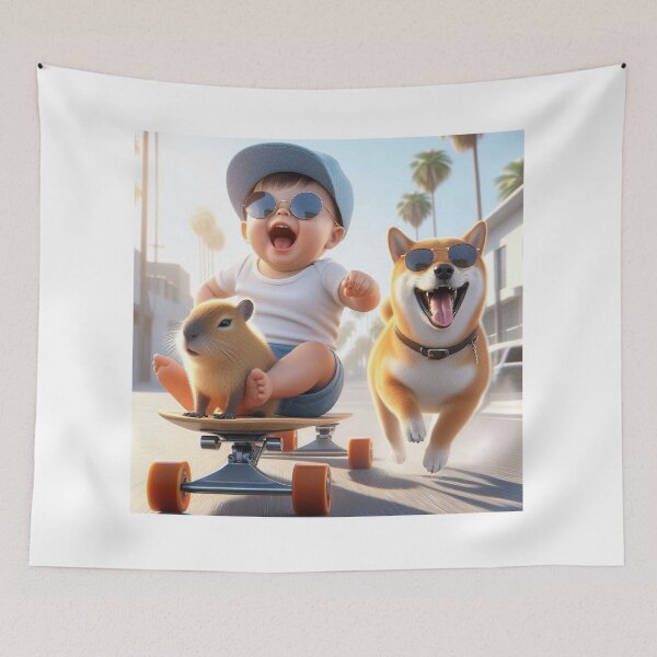 Item preview, Baby Skateboard Ride with Cool Shiba Inu & Capybara – Fun T-Shirt Design designed and sold by Mitaudesign.