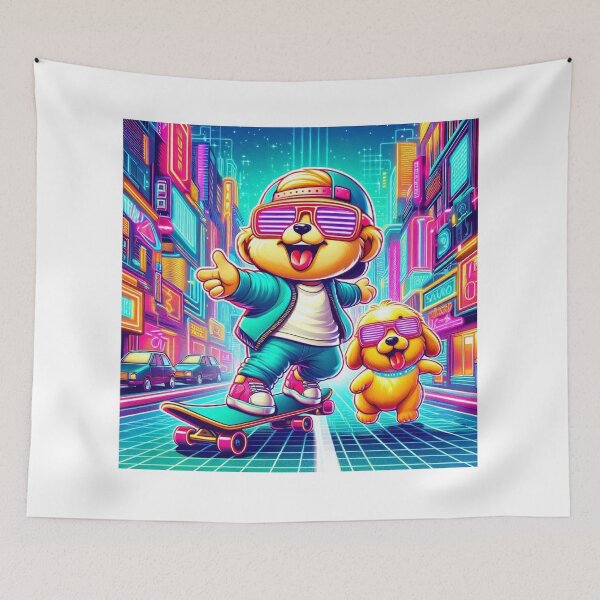 Item preview, Cyberpunk Baby Skateboard with Neon Dog & Duck – Funny Cartoon T-Shirt Design designed and sold by Mitaudesign.