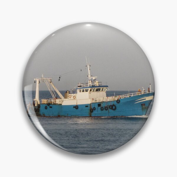 Item preview, Blue Fishing Trawler Sailing On Calm Sea Near Horizon With Crew And Fishing Gear designed and sold by Nmallia.