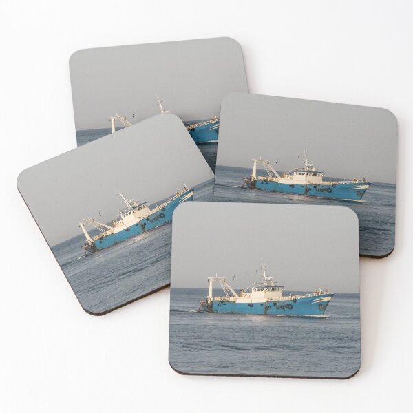 Item preview, Blue Fishing Trawler Sailing On Calm Sea Near Horizon With Crew And Fishing Gear designed and sold by Nmallia.