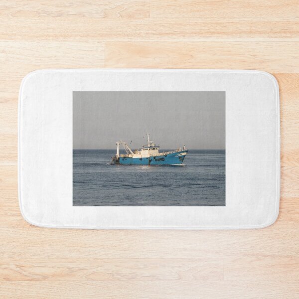 Item preview, Blue Fishing Trawler Sailing On Calm Sea Near Horizon With Crew And Fishing Gear designed and sold by Nmallia.