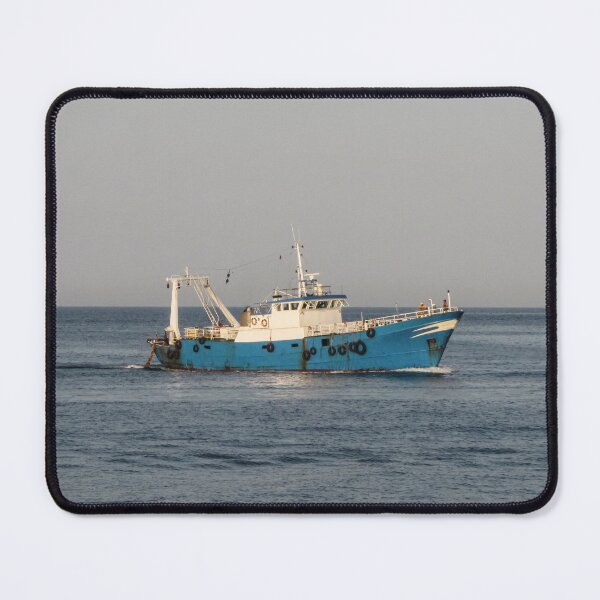 Item preview, Blue Fishing Trawler Sailing On Calm Sea Near Horizon With Crew And Fishing Gear designed and sold by Nmallia.