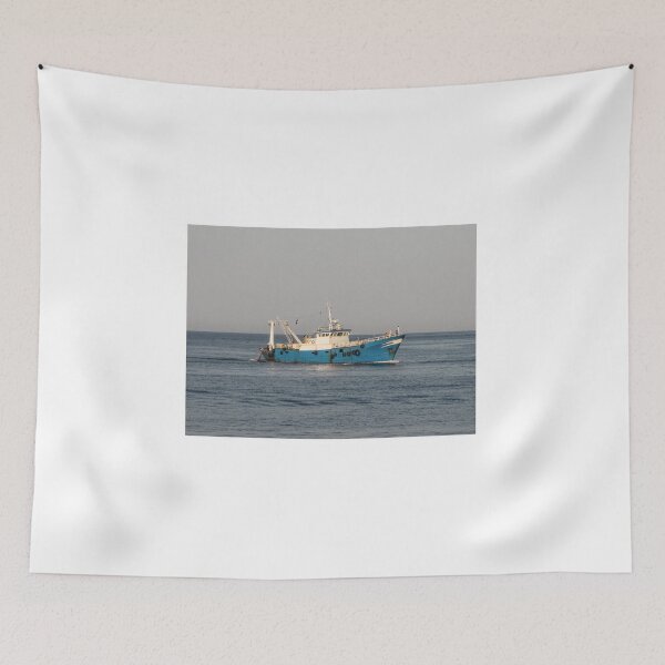 Item preview, Blue Fishing Trawler Sailing On Calm Sea Near Horizon With Crew And Fishing Gear designed and sold by Nmallia.