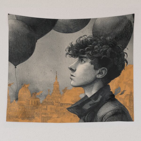 Item preview, Boy looks up at balloons in city designed and sold by anytka.