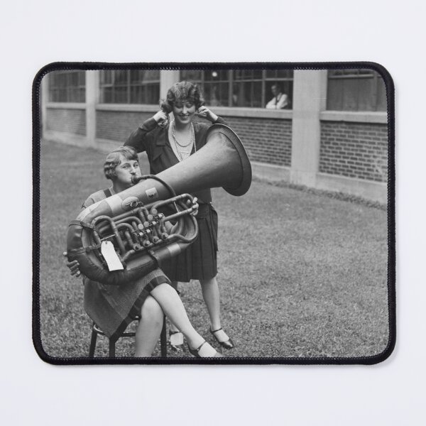 Item preview, The sound of music - terrible tuba playing funny humorous vintage black and white photograph poster art print designed and sold by Astrid Arkhangelsky.