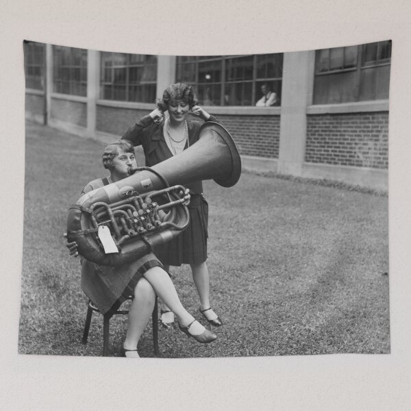 Item preview, The sound of music - terrible tuba playing funny humorous vintage black and white photograph poster art print designed and sold by Astrid Arkhangelsky.