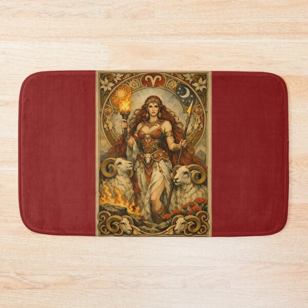 Item preview, Aries Fire Goddess with Rams – Art Nouveau Zodiac Mythology Illustration designed and sold by EmiliaBassano.