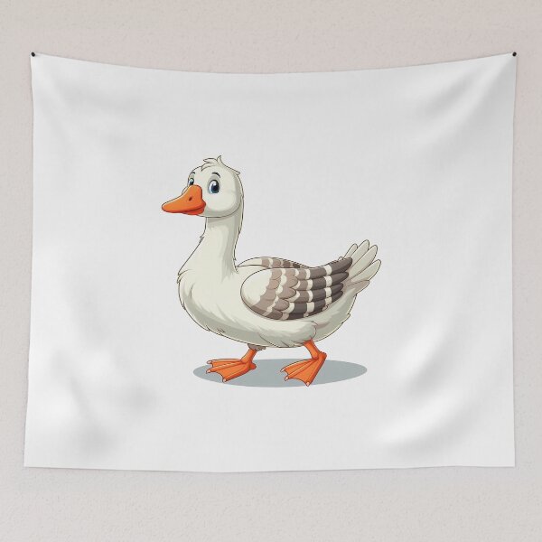 Item preview, A cheerful cartoon goose with a bright orange beak and feet, featuring a white body and striped wings. designed and sold by cave-canvas.