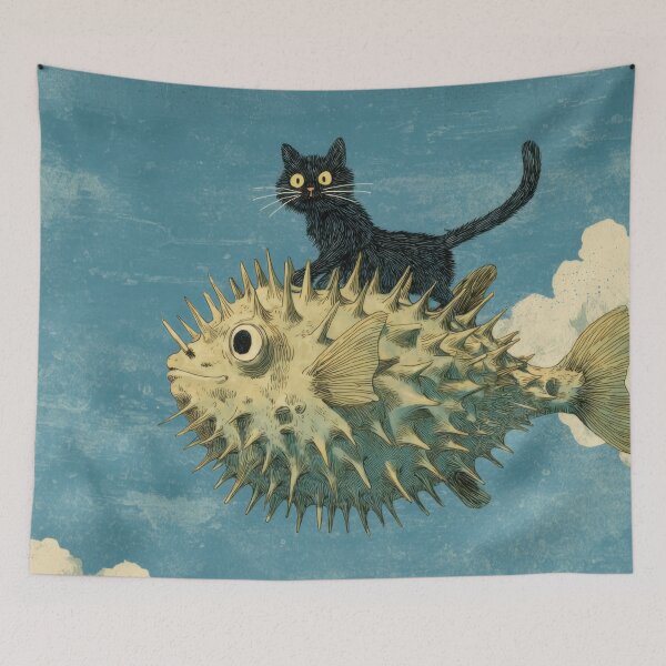 Item preview, Cat rides fish in blue sky designed and sold by anytka.
