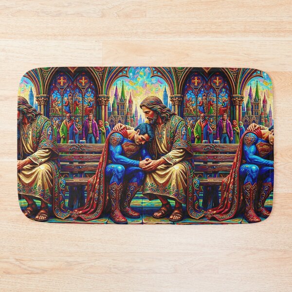 Item preview, Jesus Hugging Superman on a Bench – Inspirational Christian Cartoon Art designed and sold by JuandiArt7.