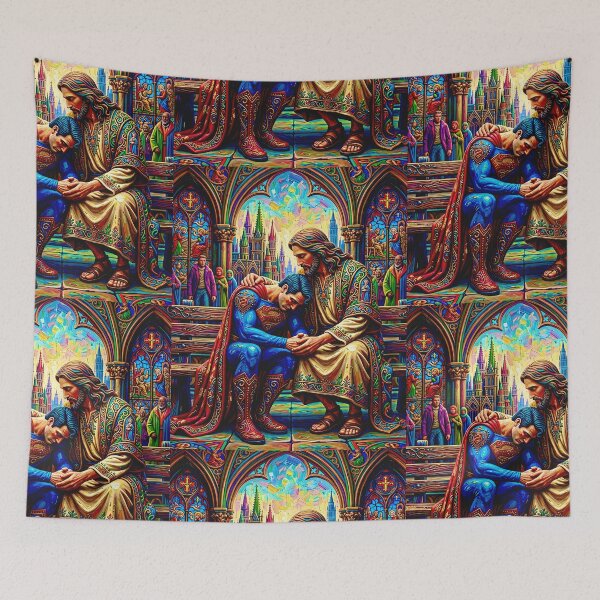 Item preview, Jesus Hugging Superman on a Bench – Inspirational Christian Cartoon Art designed and sold by JuandiArt7.