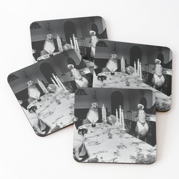 Item preview, It's a dog's world vintage funny dogs being served dinner by a butler black and white photograph poster art print designed and sold by Astrid Arkhangelsky.