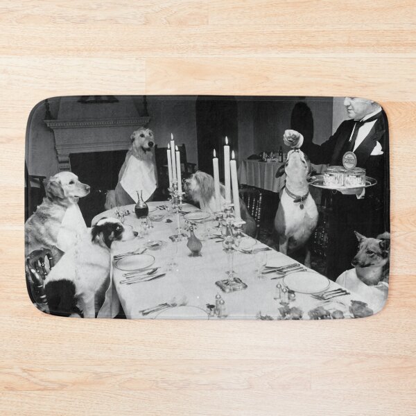 Item preview, It's a dog's world vintage funny dogs being served dinner by a butler black and white photograph poster art print designed and sold by Astrid Arkhangelsky.