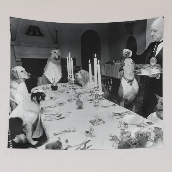 Item preview, It's a dog's world vintage funny dogs being served dinner by a butler black and white photograph poster art print designed and sold by Astrid Arkhangelsky.